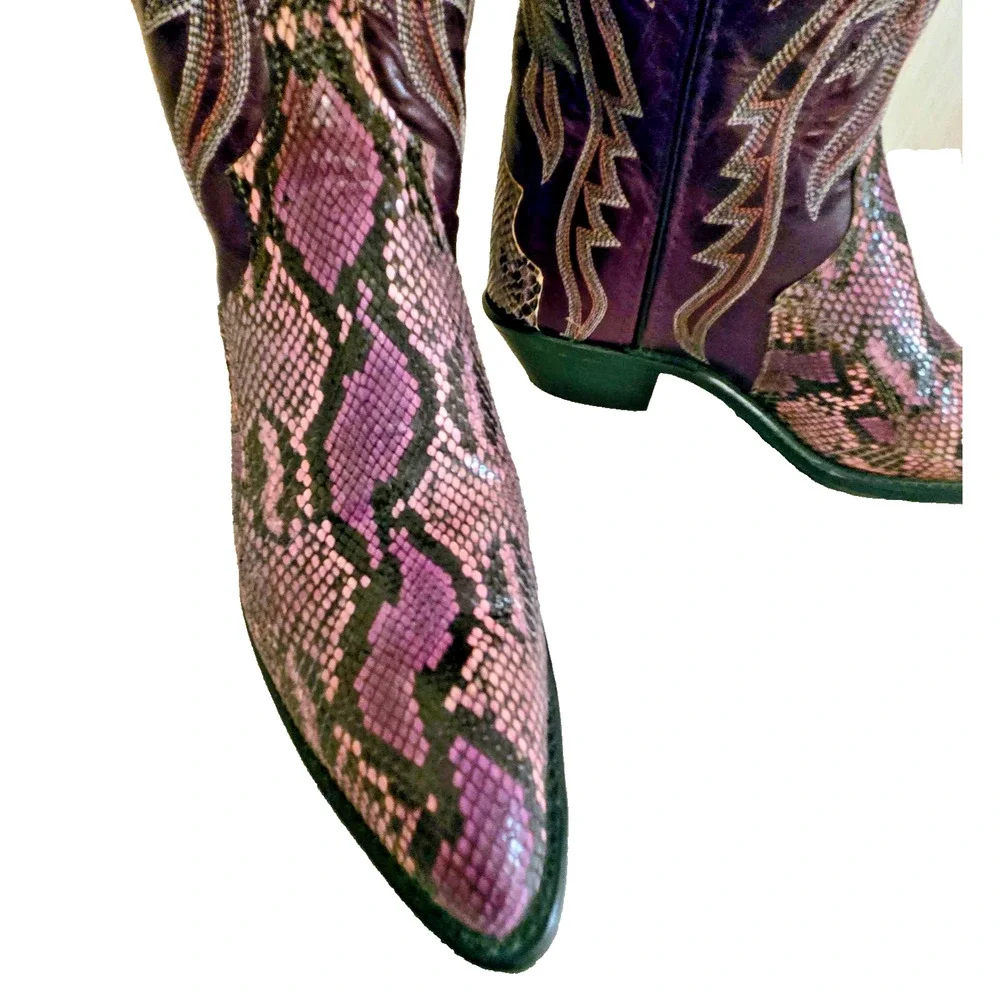 VINTAGE Rare CODE WEST Purple Snakeskin Western Leather COWBOY BOOTS 7.5